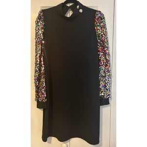 NWOT SHEIN Black Crepe Holiday Dress with Colorful Sequin Sleeves Sz Large